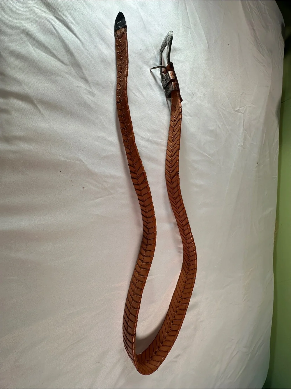 Braided Leather Western Belt with Engraved Silver Buckle - Cognac